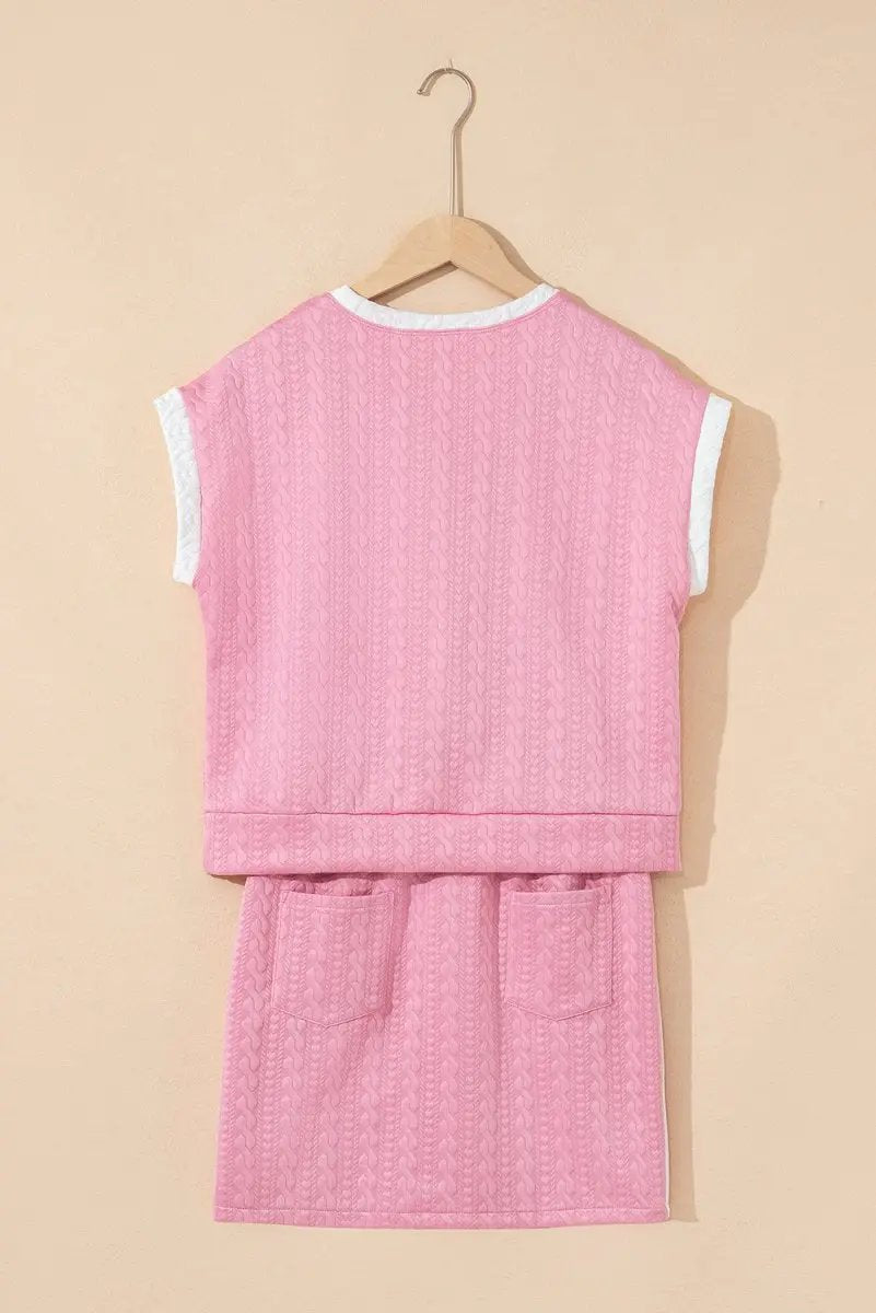 Pink Contrast Trim Textured Crewneck Tee And Pocketed Skirt Set - Love Salve